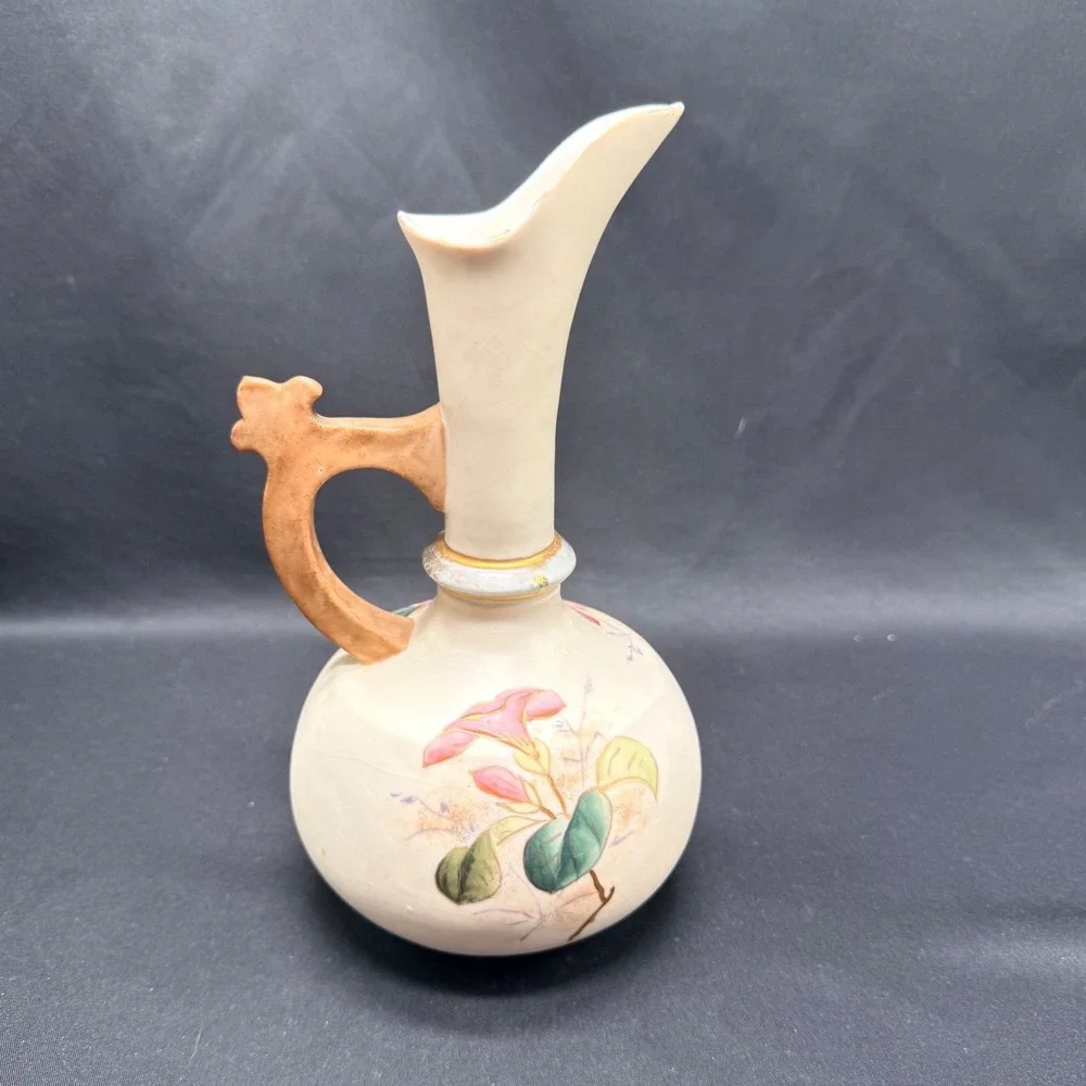 Antique Hand Painted Floral Ceramic Pitcher Vase Pink Flowers Gold Trim 8.5